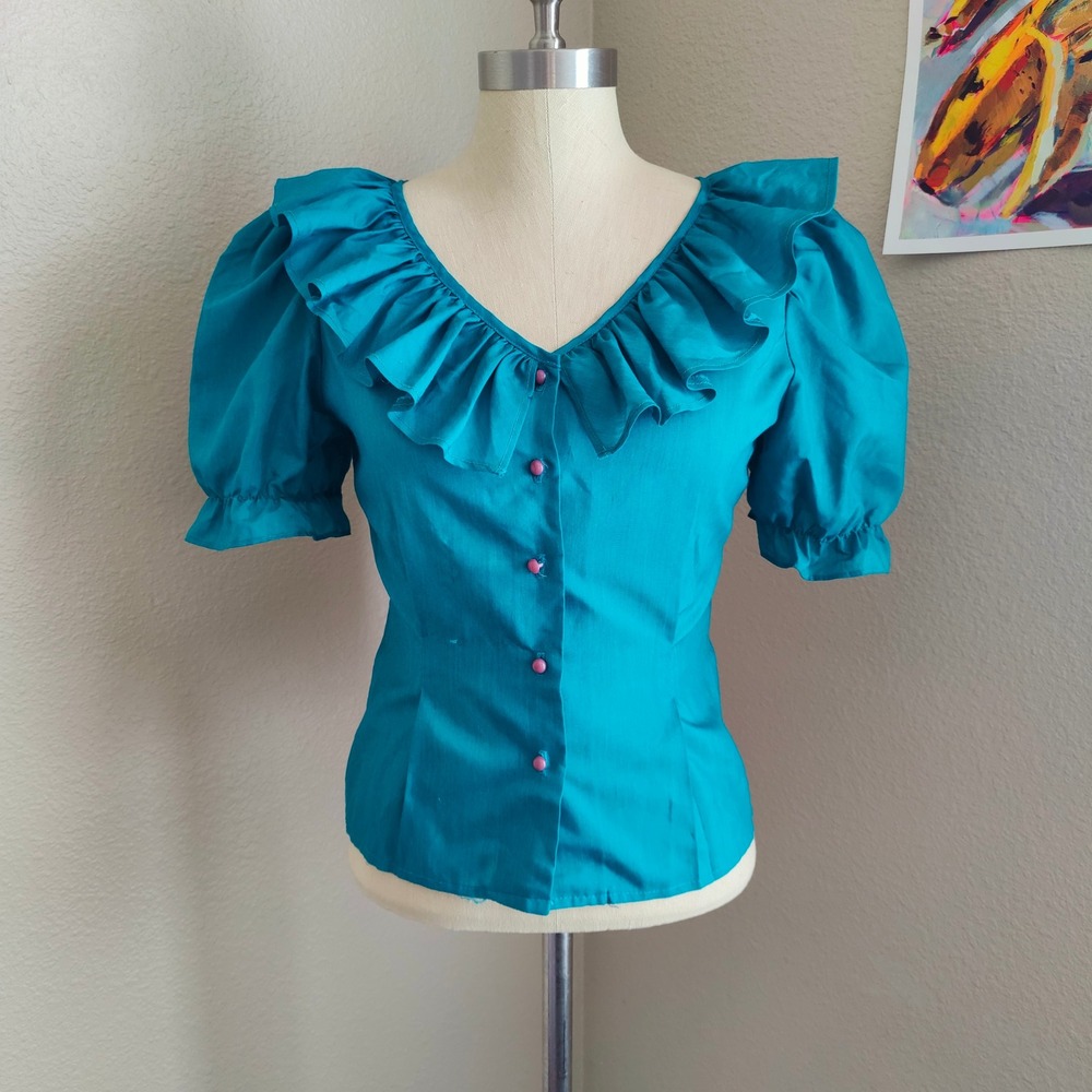 Vintage 80s Teal Button Up Blouse Ruffle Puff Sleeves Victorian Revival Romantic